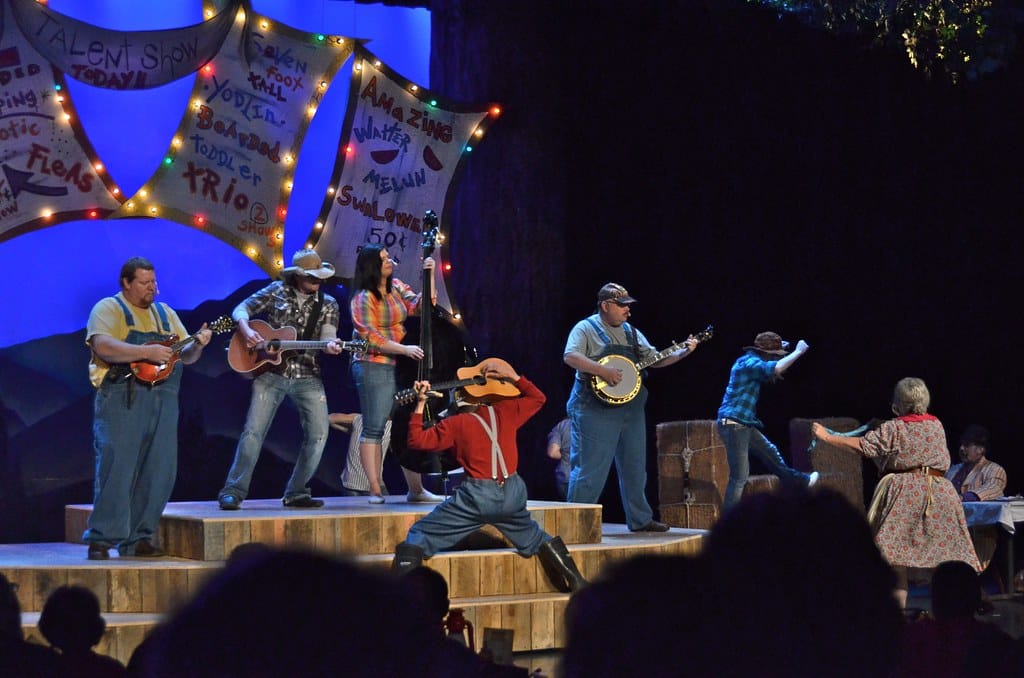 Live bluegrass performance at a theatrical show in Pigeon Forge, featuring musicians on a decorated stage.