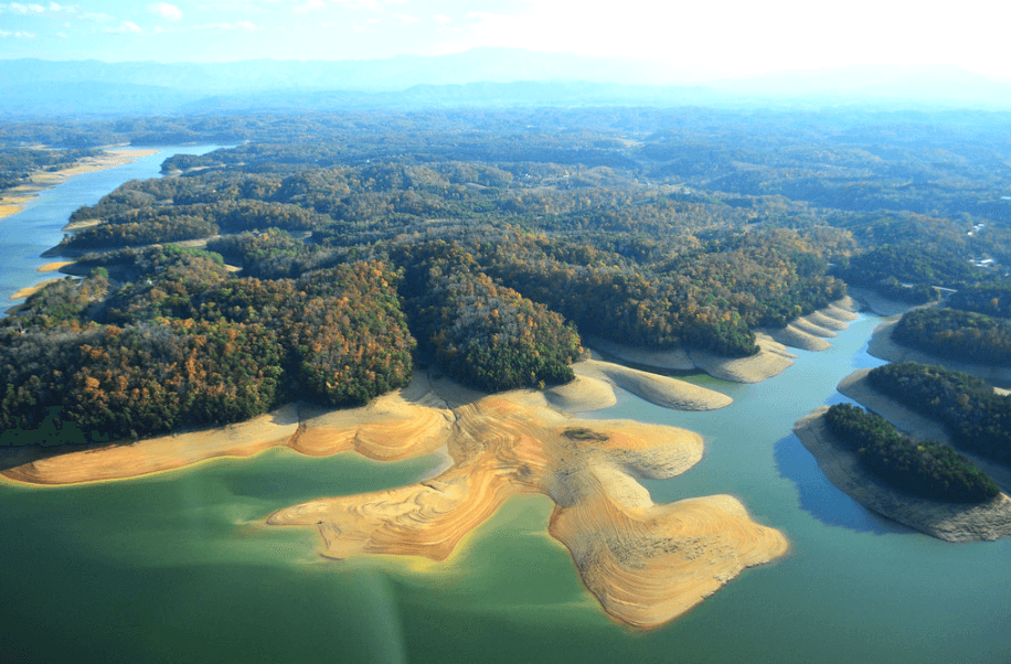 Aerial shot of Douglas Lake: one of the best lakes near Pigeon Forge Tennessee