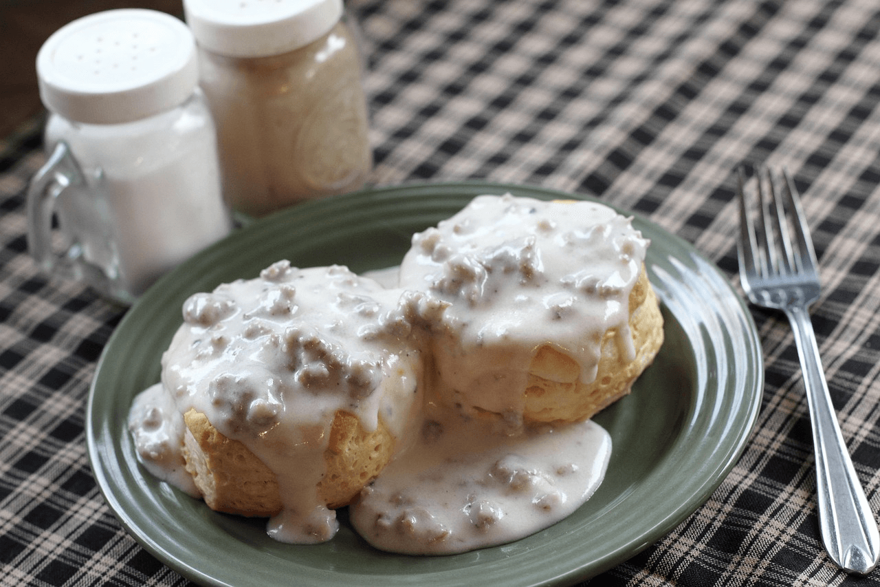 Experience a classic breakfast in Pigeon Forge Tennessee with biscuits and gravy.